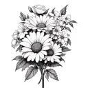 daisies and sweet peas (April), Rose and honeysuckle (June), marigolds and cosmos (october) with a cross tattoo design idea