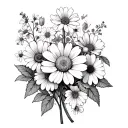 daisies and sweet peas (April), Rose and honeysuckle (June), marigolds and cosmos (october) with a cross tattoo design idea