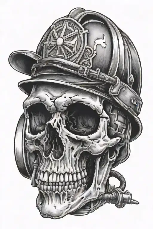 Skull and firefighter helmet resting tattoo design idea