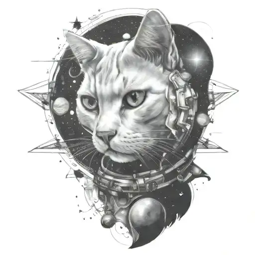 playful white cat in space surrounded tattoo design idea