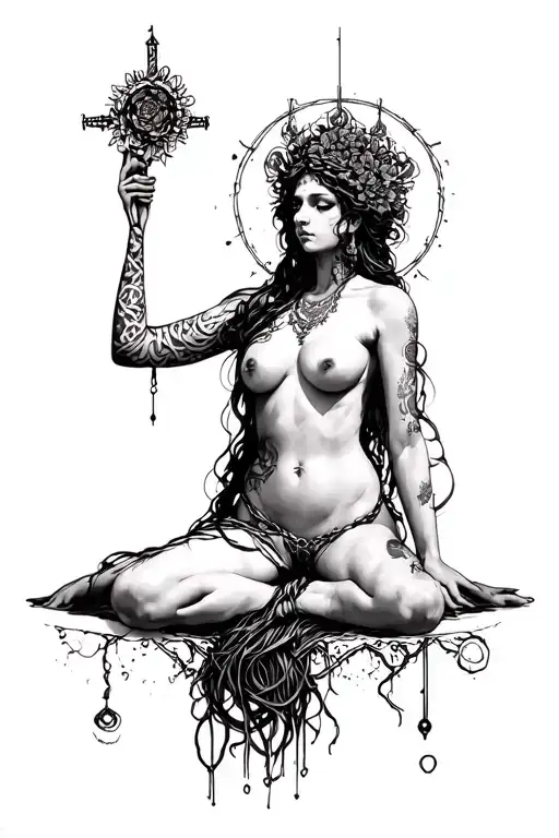 Fully naked goddess Femis, connected in style of shibari. tattoo design idea