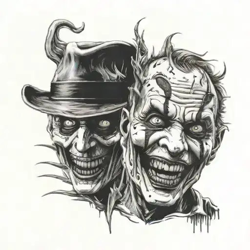 Make me an image of a tattoo of half Freddy Krueger and half joker with a Japanese mask next to it scary tattoo design idea