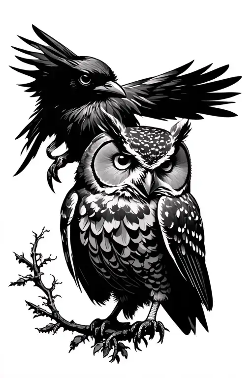 Raven and an owl perched  tattoo design idea