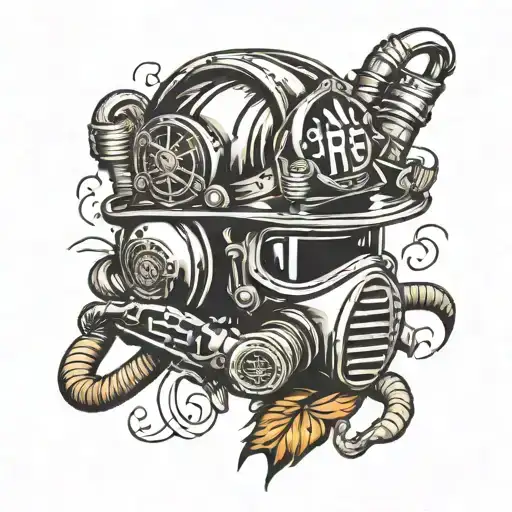 A tattoo design featuring a firefighter's helmet with a navy deep sea diver's helmet intertwined, symbolizing your dedication to both professions tattoo design idea