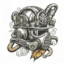 A tattoo design featuring a firefighter's helmet with a navy deep sea diver's helmet intertwined, symbolizing your dedication to both professions tattoo design idea