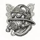 A tattoo design featuring a firefighter's helmet with a navy deep sea diver's helmet intertwined, symbolizing your dedication to both professions tattoo design idea