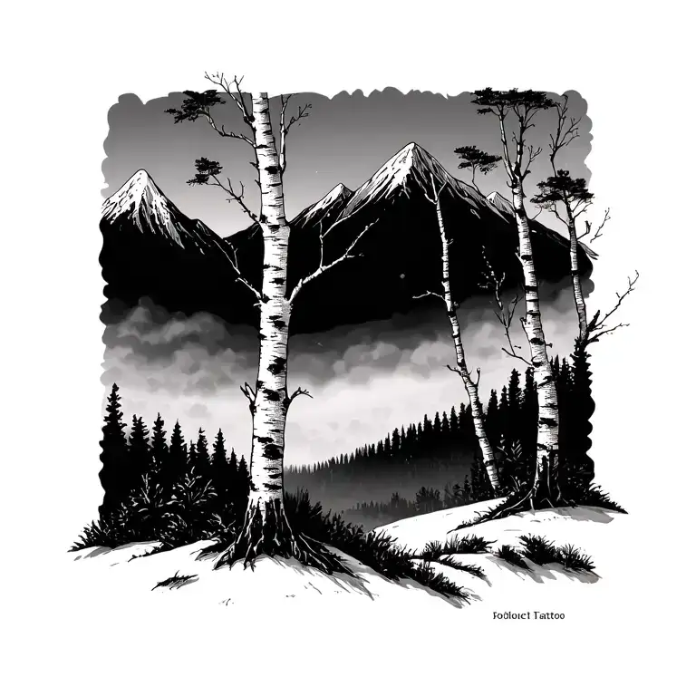 birch trees with mountains in the background tattoo design idea