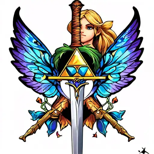 zelda triforce, sword and Navi fairy wings tattoo design idea