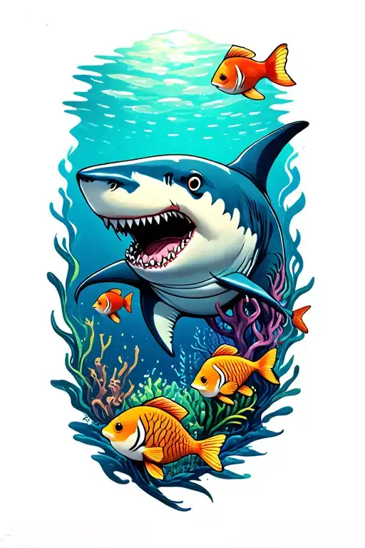 the sharks squids swimming with reefs and tropical fish tattoo design idea