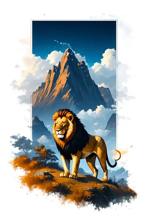 A lion standing infront of a tall mountain with skies in the back tattoo design idea