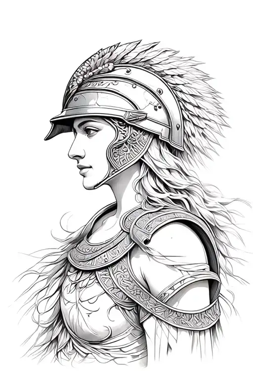 Abstract upper body portrait of a Greek war goddess wearing a detailed battle helmet, focused on strength and power. Des tattoo design idea