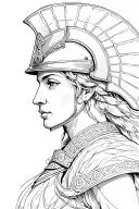 Abstract upper body portrait of a Greek war goddess wearing a detailed battle helmet, focused on strength and power. Des tattoo design idea