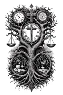 gothic tree of life intertwined with cross,libra scales, a clock and names tattoo design idea