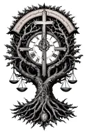 gothic tree of life intertwined with cross,libra scales, a clock and names tattoo design idea