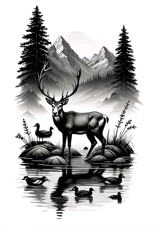 deer standing in pond surrounded by mountains and ducks tattoo design idea