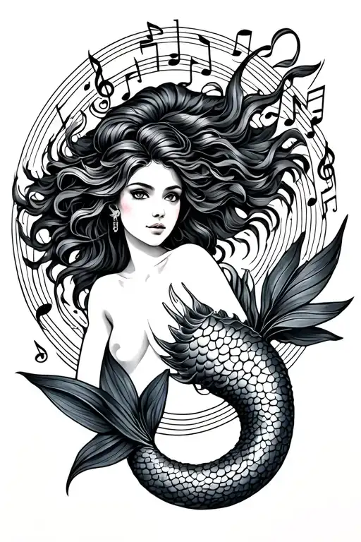Guam pieces mermaid surrounded in CHamoru music notes tattoo design idea