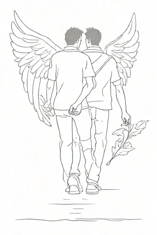 2 brothers walking away but the taller one has angel wings  tattoo design idea