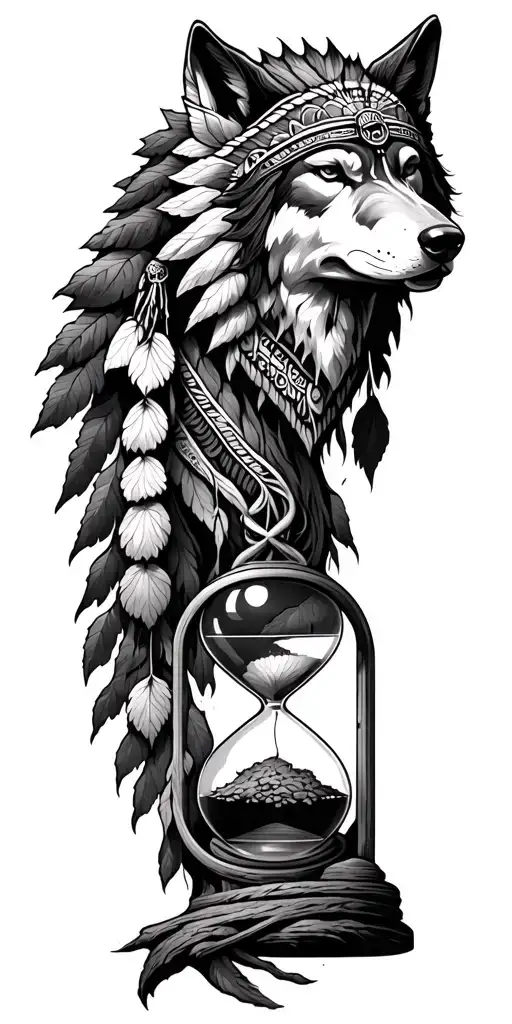 tree of life intertwined with hour glass. Native American male with wolf head piece  tattoo design idea