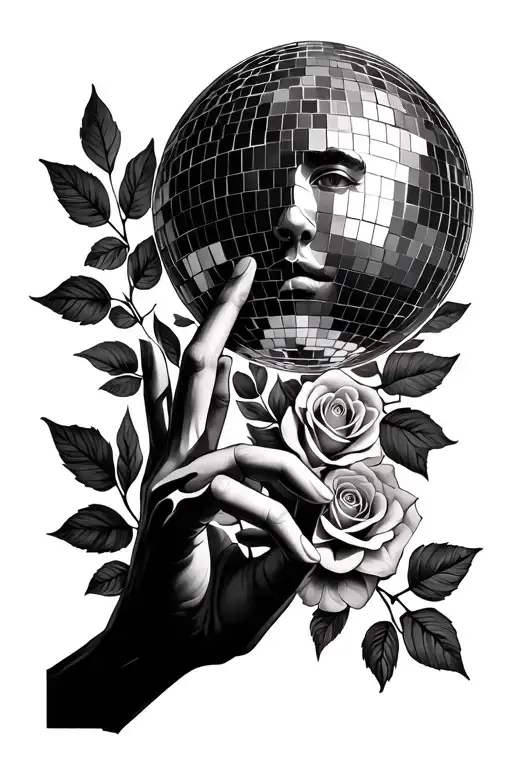 da vinci type face with fingers touching and a disco ball with leaves and roses tattoo design idea