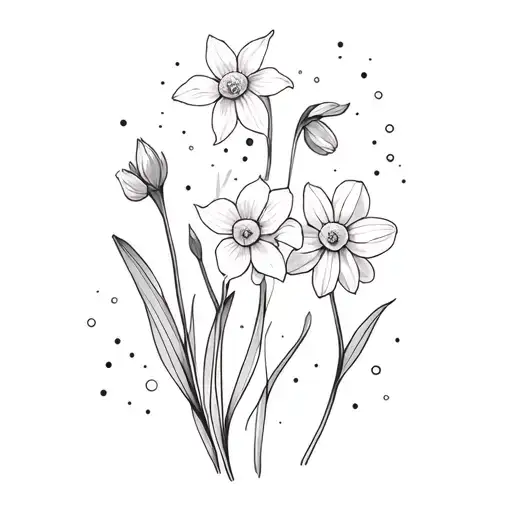 3 paperwhite narcissus and 2 cosmos flowers in bouquet seen from above with curved lines, petals and dots surrounding it tattoo design idea