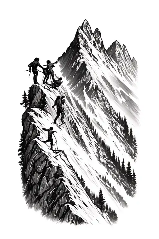 forearm tattoo mountain couple and 4 children climbing tattoo design idea