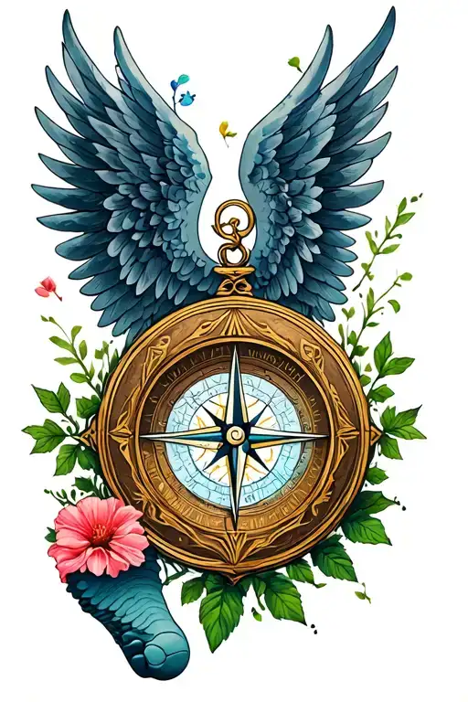 moral compass with vines birth flower for January February June July October and December 6 angel wings and a footprint  tattoo design idea