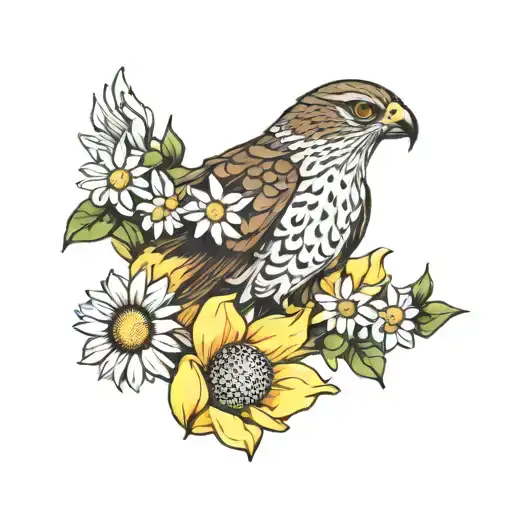 hawk eye with daisies and daffodils tattoo design idea