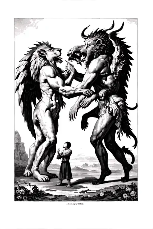 A Lion And Angel And A Demon Battling Each Other With A Small Man Looking Up At Them tattoo design idea