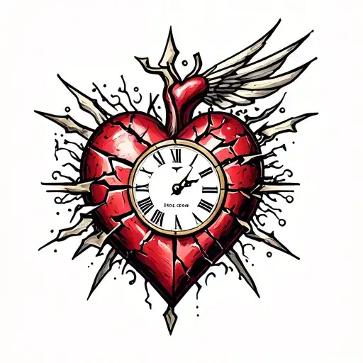 shattered heart clock  tattoo design idea
