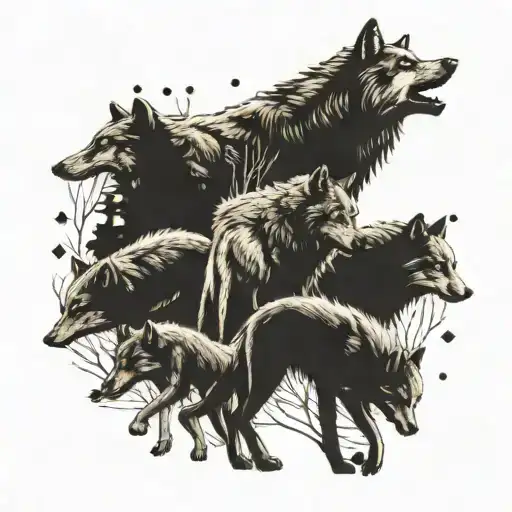 An alpha wolf leading a pack of wolves through a forest, representing leadership and courage tattoo design idea