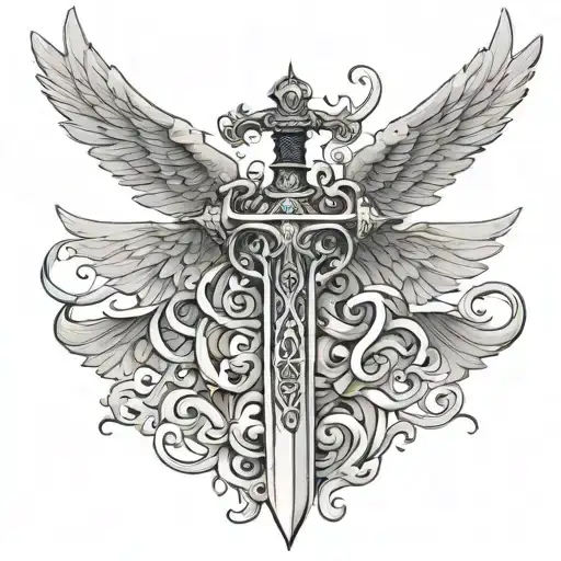 sword with angel wings spread wide Micheal script on sword tattoo design idea