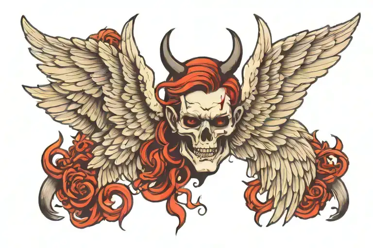 Angel wings and devil horns tattoo design idea