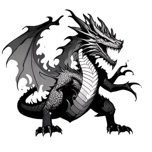 a dreadful ghastly and terrifying dragon covered in flames and thunder in full back looking front  tattoo design idea