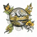 mountain above a mustard seed field looking tattoo design idea