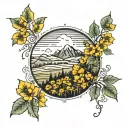 mountain above a mustard seed field looking tattoo design idea