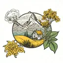 mountain above a mustard seed field looking tattoo design idea