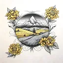 mountain above a mustard seed field looking tattoo design idea