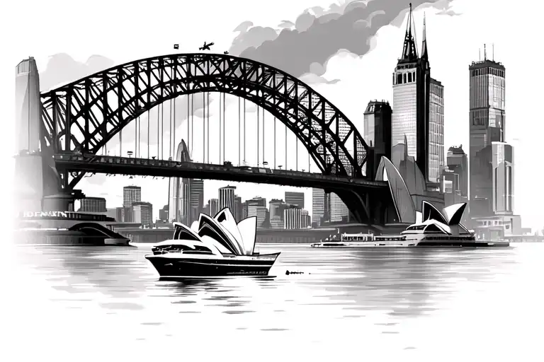 Sydney skyline harbour bridge, amp building, Westfield tower, opera house in midground, captain cool sailing into harbou tattoo design idea
