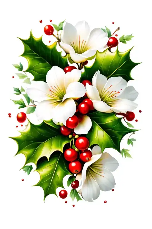 holly with berries and paper white flowers tattoo design idea