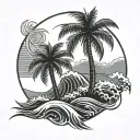 palm tree front of a sun and waves crashing in the background tattoo design idea