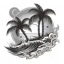 palm tree front of a sun and waves crashing in the background tattoo design idea