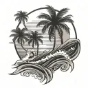palm tree front of a sun and waves crashing in the background tattoo design idea