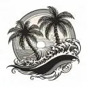 palm tree front of a sun and waves crashing in the background tattoo design idea
