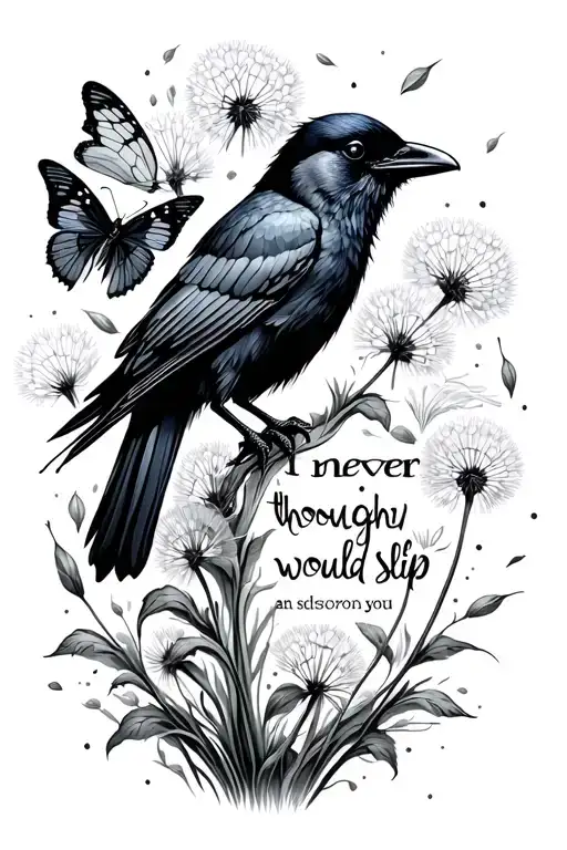 "I never thought you would slip" crow, butterfly, dandelion seeds tattoo design idea