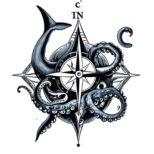 micro realistic schematic tattoo with an ocean theme in black and grey. include compass, octopus, hammerhead shark with  tattoo design idea