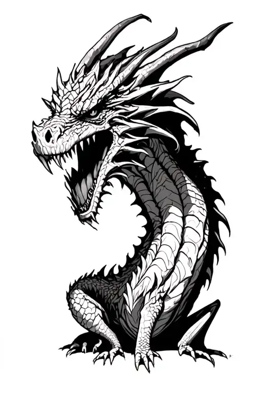 evil undead dragon, with the head on the ground paying respect tattoo design idea