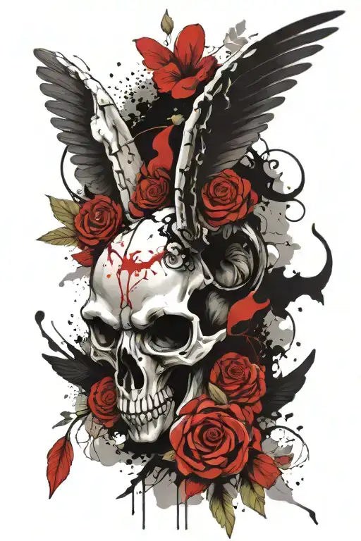 Ram skull with wings and flowers  tattoo design idea