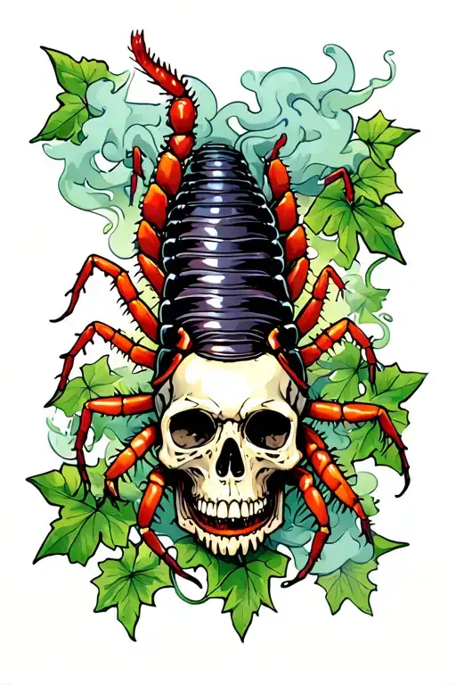 centipede and skull surrounded by ivy leaves and smoke tattoo design idea
