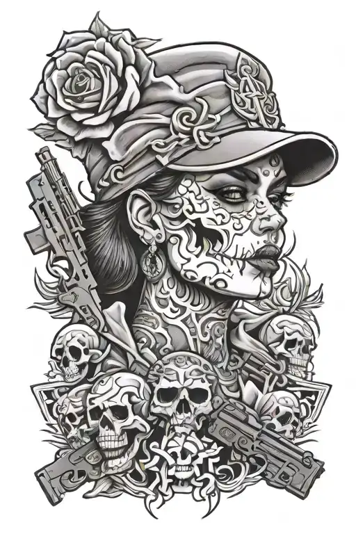 cholo style tattoo featuring guns skulls women face tattoo design idea