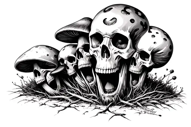 mushrooms and skulls rotting screaming  tattoo design idea